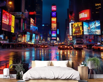 Times Square Cityscape Wallpaper 3D Night Lights Wall Mural Modern New York City Skyline Peel And Stick Bold Room Decor Stylish Gift