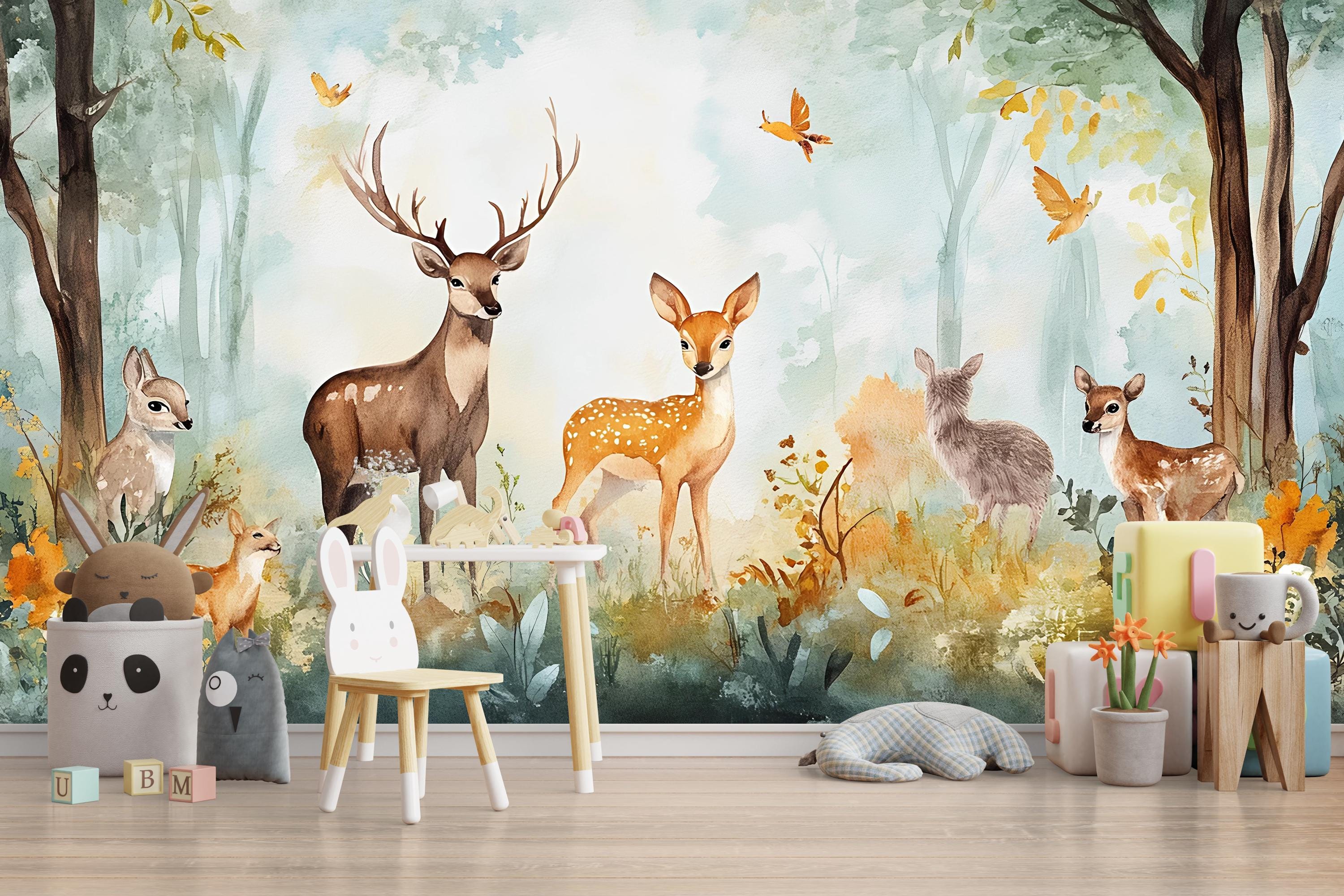 Deer Forest Wallpaper Mural for Kids Room – Woodland Animal Peel and ...