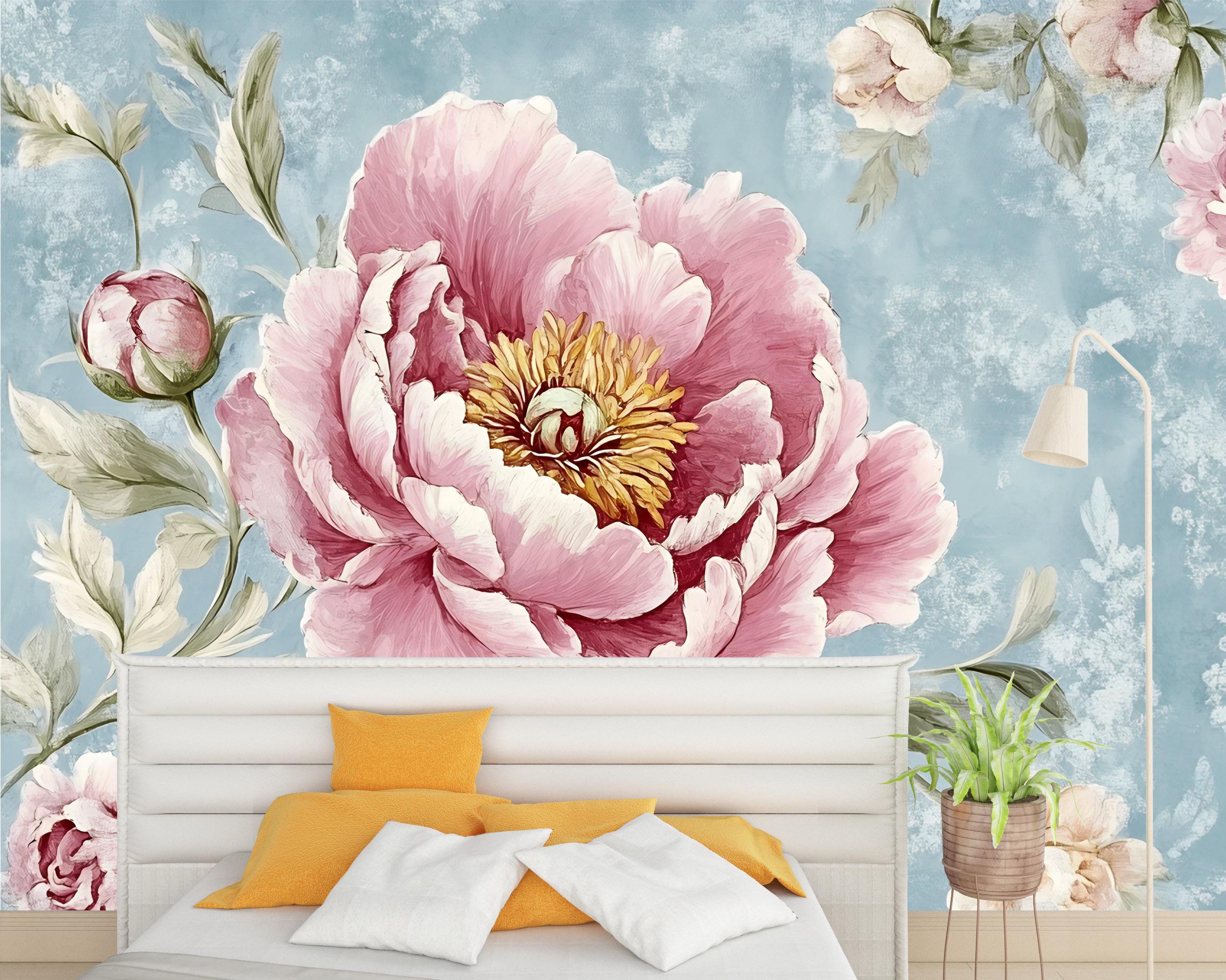 Vintage Peony Wall Mural – Pink Floral Wallpaper on Blue Textured ...