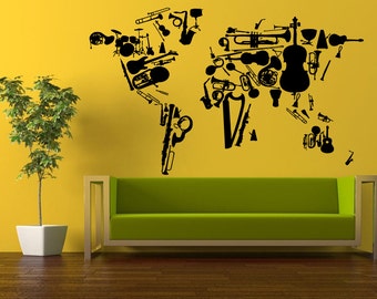 Wall Decal Vinyl Sticker Decals Peal And Stick Cheap Free Shipping Music Instrument Sax Violin Drum Set Guitar Trombone World Map Globe L442