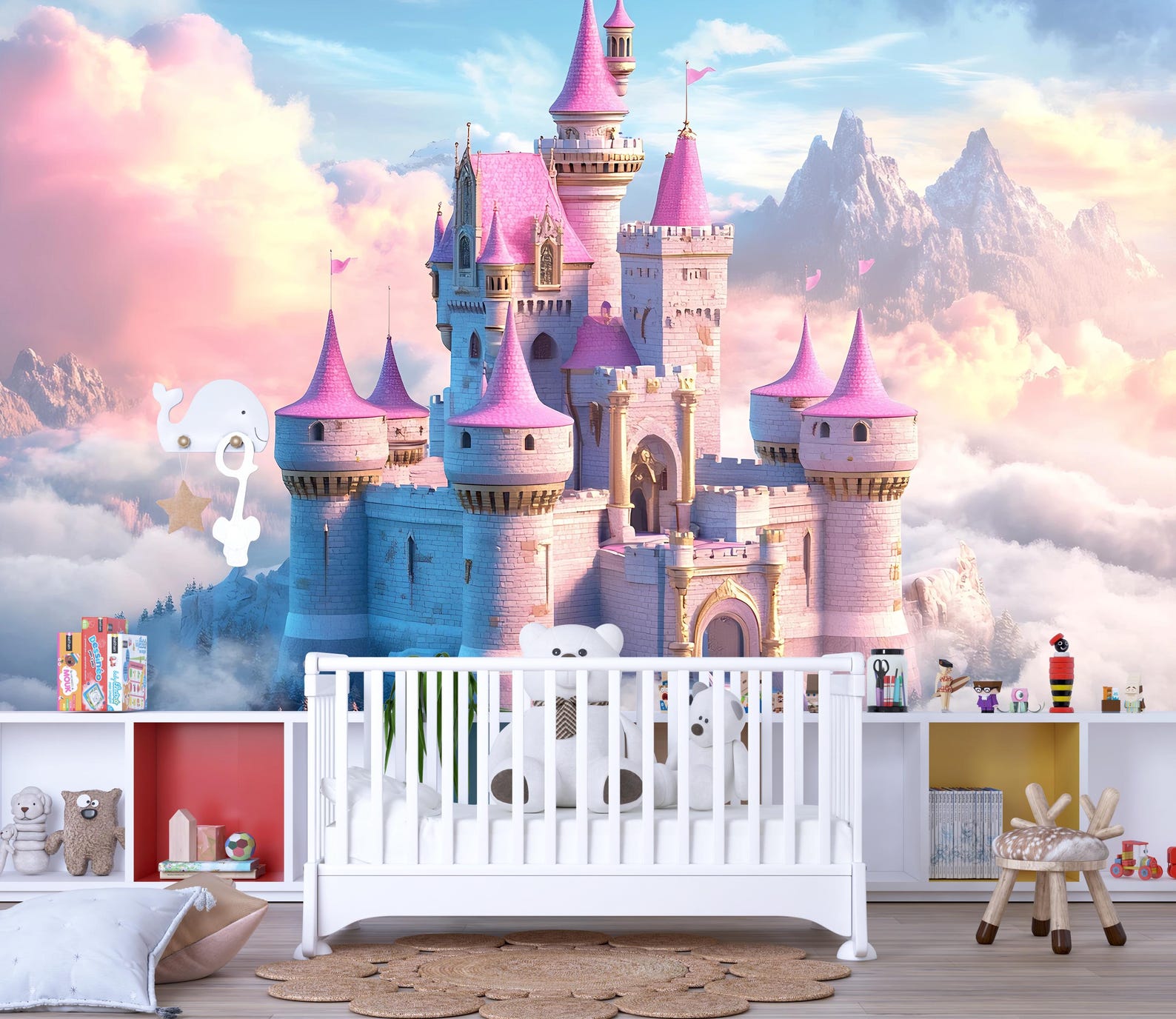 Pink Castle Wall Mural – Fantasy Clouds Wallpaper for Girls Room or ...