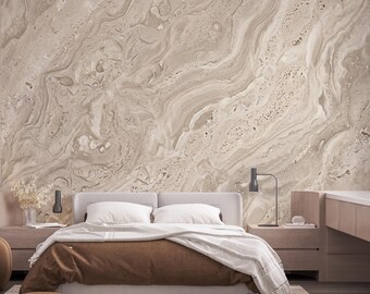 Beige Marble Wallpaper | Neutral Stone Effect Wall Mural | Luxury Travertine Wallpaper | Modern Abstract Wall Decor | Peel and Stick 1200RS