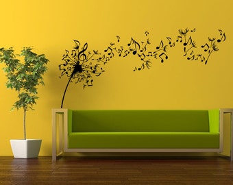 Wall Decal Vinyl Sticker Decals Peal And Stick Cheap Decor Art Beautiful Flower Musical Dandelion Blowing Away Notes Music Big Huge L416