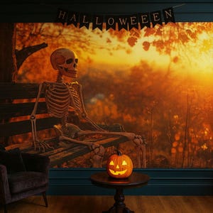 Puede incluir: Escena interior de Halloween con una gran impresión en lienzo de un esqueleto sentado en un banco. Una calabaza tallada se encuentra sobre una mesa pequeña. Una pancarta que dice "HALLOWEEN" cuelga sobre el lienzo.
