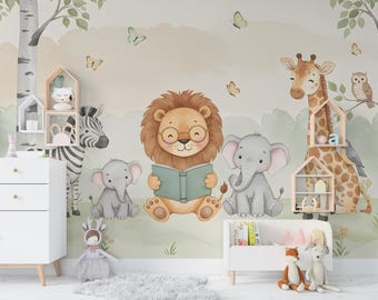 Lion Reading a book Wall Graphics Zebra Peel and Stick Elephant room Safari Wallpaper Nursery Giraffe Nursery wall decor Mural 575RS