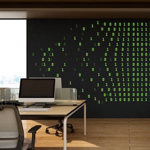 Puede incluir: Un entorno de oficina con un escritorio, una silla y una computadora. La pared presenta un fondo negro con un dise&ntilde;o de c&oacute;digo binario verde. El escritorio tiene un monitor de computadora, un teclado y una partici&oacute;n de vidrio transparente. El suelo es de madera.