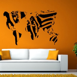 Welt Karte Zebra Linien Wand oder Fenster Aufkleber Aufkleber Vinyl Fathead Wandbild Dekoration L1972