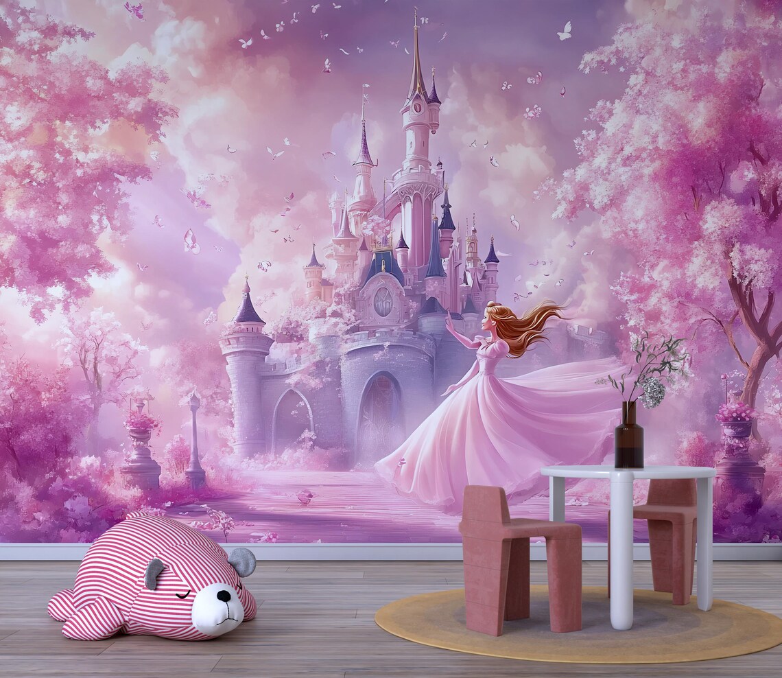 Fairytale Princess Castle Wall Mural – Soft Pink Nursery Wallpaper ...