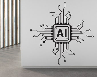 May include: Black and white illustration of a computer chip with the letters "AI" inside. The chip is surrounded by circuit board lines.