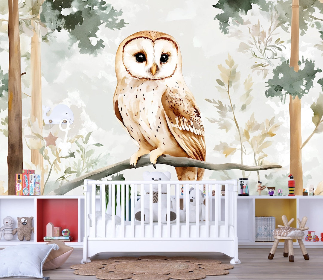Barn Owl Nursery Wall Mural – Watercolor Forest Animal Wallpaper ...