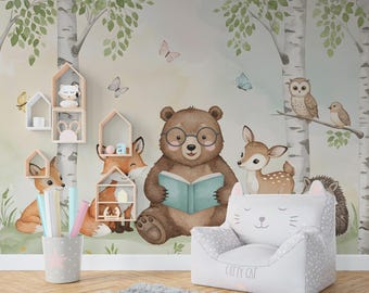 Bear Reading a book Wall Graphics Fox Peel and Stick Girl room Forest Wallpaper Nursery Self Adhesive Nursery wall decor Mural 574RS