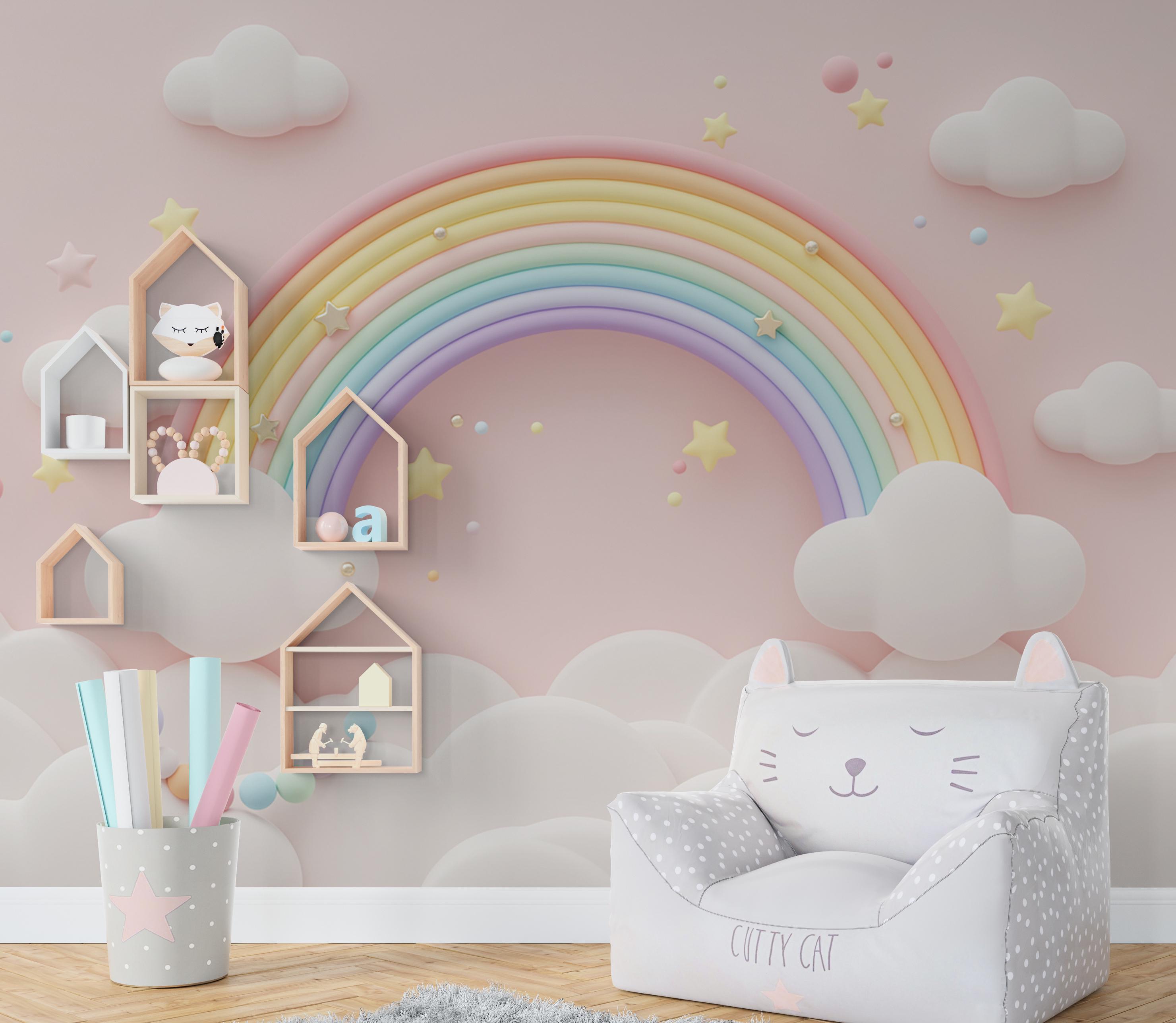 3D Rainbow Watercolor Cloud Wallpaper Stars Peel and Stick Girl Room ...