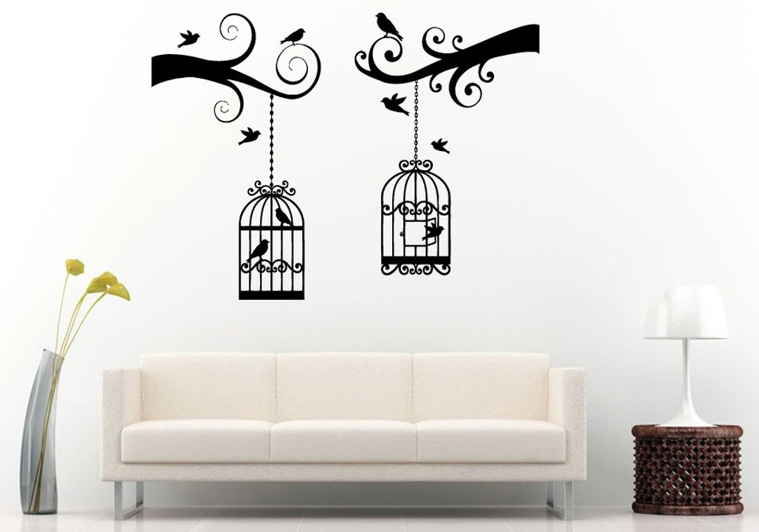 Two Tree Branch With Bird Cages Wall Decal Vinyl Sticker Mural Room ...