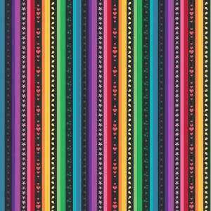 Op de afbeelding: Een stofpatroon met verticale strepen in tinten zwart, paars, blauw, groen, geel, oranje en rood. De zwarte strepen bevatten herhalende roze sterren, rode harten, gele druppels en blauwe kruisjes. Een liniaal van 30 cm is zichtbaar.
