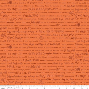 Palabras de otoño en naranja: "Felices días de otoño" - Incrementos de 1/2 yarda, corte continuo - por Kelsey Carlson para Riley Blake Designs