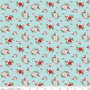 Pixie Noel 2 Poinsettias in Aqua - 1/2 Yard Increments, Cut Continuously - by Tasha Noel for Riley Blake Designs