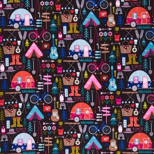 Happy Camper Let&#39;s Go Camping in Black by Michael Miller