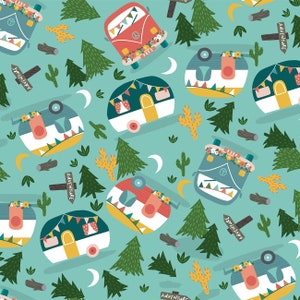 Live Your Adventure Happy Camper in Turquoise by Louise Allen Collection for 3 Wishes Fabric