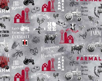 Tela Farmall gris "de la granja a la mesa" - Incrementos de 1/2 yarda, corte continuo - de Sykel Enterprises