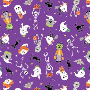 Glow-O-Ween Glow in the Dark Friends in Purple - 1/2 Yard Increments, Cut Continuously - by Kanvas Collection for Benartex Fabrics