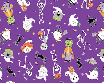 Glow-O-Ween Glow in the Dark Friends in Lila - 1/2 Yard Schritte, fortlaufend geschnitten - von Kanvas Collection für Benartex Fabrics