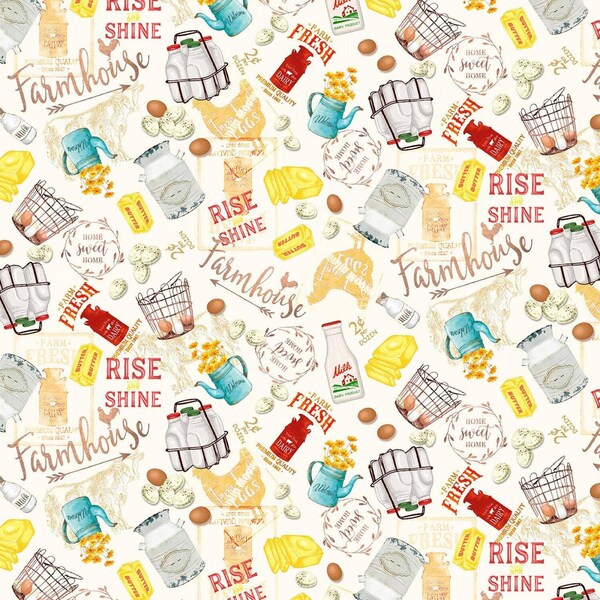 Cream Farmhouse Text And Imagery - 1/2 Yard Increments, Cut Continuously - by Timeless Treasures