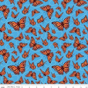 Friendship Florals Monarchs in Blue - 1/2 Yard Increments, Cut Continuously - by Riley Blake Designs
