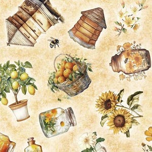 Queen Bee Bee Hive and Plant Toss in Light Tan by Morris Creative Group for QT Fabrics