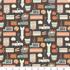 I Love PSL Charcoal Kürbis Aufnäher - 1/2 Yard Schritte, fortlaufend geschnitten - von Elizabeth Silver Collection für Camelot Fabrics