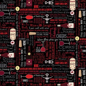 Uncork and Unwind Sip Sip Hooray in Black- 1/2 Yard Increments, Cut Continuously -  by Andi Metz Collection for Benartex Fabrics