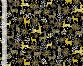 Deer and Floral Metallic - 1/2 Yard Increments, Cut Continuously - by Timeless Treasures