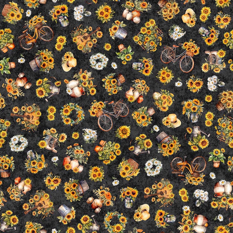 Straw Cut File Sunflower Serenade Sunflowers and Bikes in Black - 1/2 Yard Increments ...