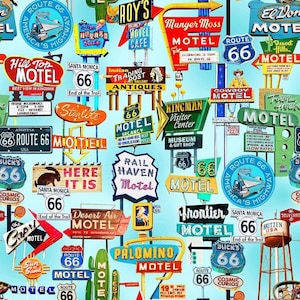 ルート66道路標識 - 1/2ヤード単位、連続カット - Timeless Treasures製