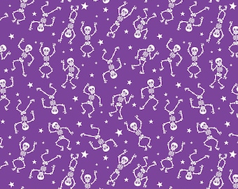 Glow-O-Ween Glow in the Dark paarse gloeiende skeletten - stappen van 1/2 meter, doorlopend gesneden - by Kanvas Collection voor Benartex Fabrics