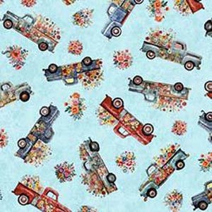 Heartland Farm Truck Toss in Aqua by Morris Creative Group for QT Fabrics