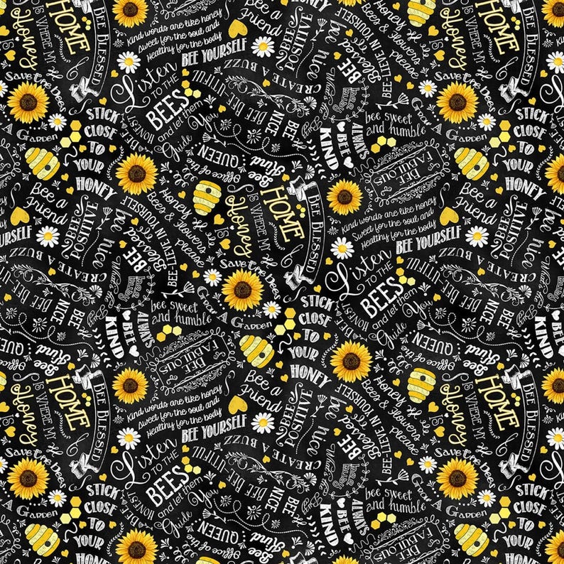 Mi hogar es donde está mi miel. Frases motivadoras de abejas negras: cortes continuos en incrementos de 1/2 yarda, por Gail Cadden para Timeless Treasures. imagen 1