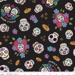 Clearance: Amor Eterno Skulls on Black - 1/2 Yard Increments, Cut Continuously - by Kathy Cano-Murillo for Riley Blake Designs