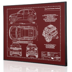 Jeep Grand Cherokee Trackhawk Laser Engraved Wall Art. Jeep blueprints, best auto gifts Ultimate decor for the garage or office image 1
