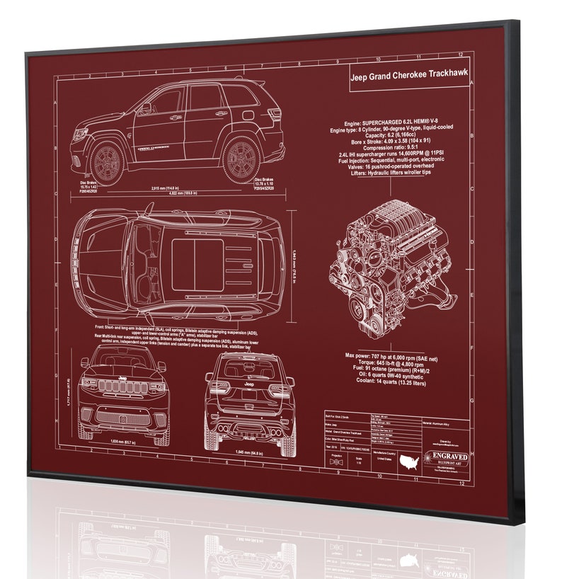 Jeep Grand Cherokee Trackhawk Laser Engraved Wall Art. Jeep blueprints, best auto gifts Ultimate decor for the garage or office image 1