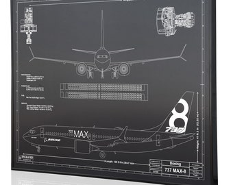 Boeing 737 MAX-8 Laser Engraved Wall Art Poster. Engraved on Metal, Acrylic or Wood. Aviation Art, Boeing Sign, Best airplane gift