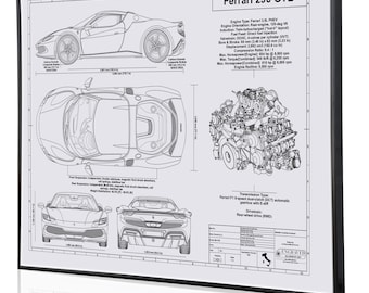 Ferrari 296 GTB Blueprint, Laser Engraved, Wall Art, Engraved or printed on Metal, Acrylic or Wood. Custom Car Art, Great Ferrari Gift!