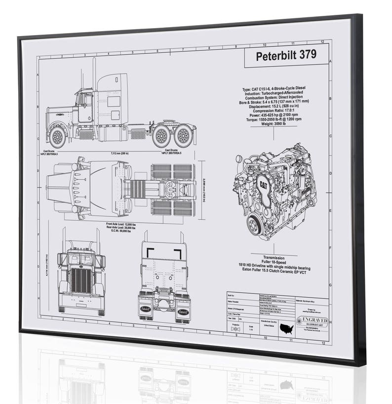 Peterbilt 379 Laser Engraved Wall Art. Blueprint Sign artwork | Etsy