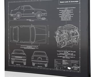 Chevrolet Monte Carlo SS Aerocoupe Laser Engraved Wall Art, Blueprint Artwork, Custom Car Art, Poster, Sign. Great Car Guy Gift, Garage