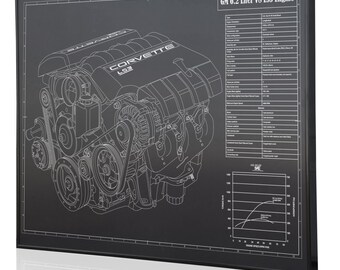 GM 6.2 L LS3 Engine (Corvette) Laser Engraved Wall Art Poster. Engraved on Metal, Acrylic or Wood. Custom Car Art, Poster, Sign.