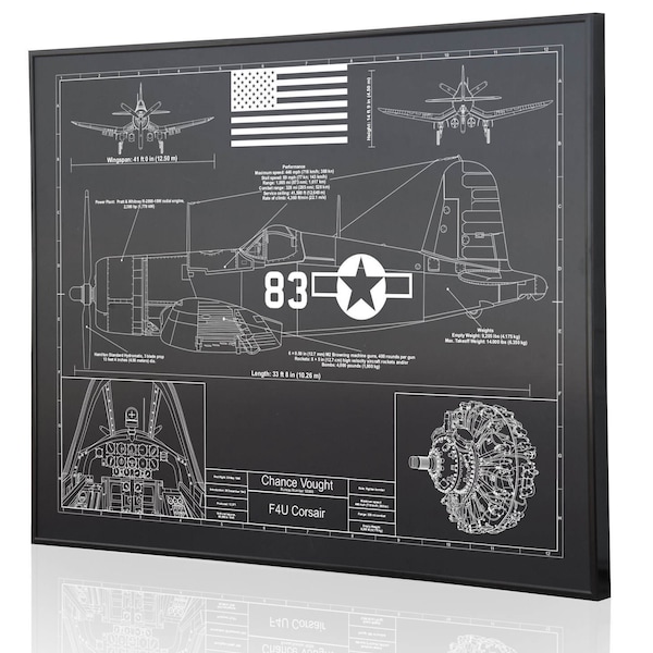 Vought F4U Corsair Personalized Laser Engraved Blueprint Warbird Artwork. Custom Artwork for aviation enthusiasts. Perfect Pilots Gift!