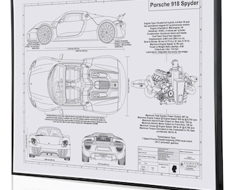 Porsche 918 Spider Blueprint | Laser Engraved Metal Wall Art | Car Wall Art Framed | Porsche Gifts for Car Enthusiasts | Car Blueprints