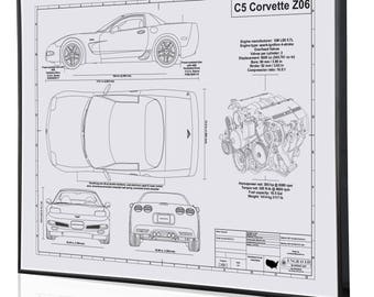 Corvette C5 Z06  Laser Engraved Wall Art Poster. Engraved on Metal, Acrylic or Wood. Custom Car Art, Poster, Best Car Guy Gift