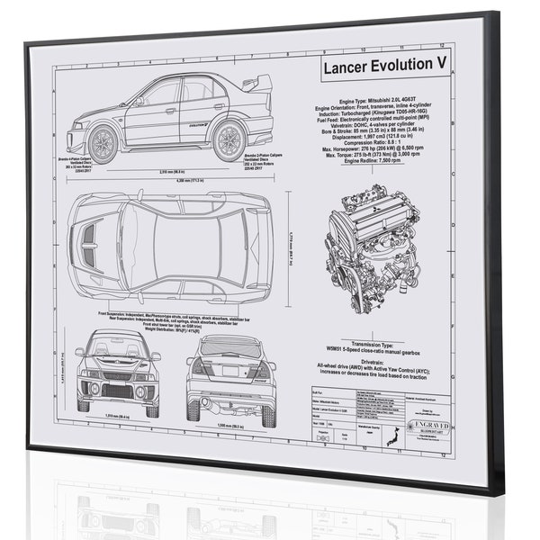 Mitsubishi Lancer Evolution V Laser Engraved Blueprint. Engraved on Metal, Acrylic or Wood. Custom Car Art, Best Car Gifts