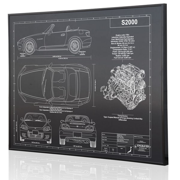 Honda S2000 AP1 Personalized Laser Engraved Wall Art. Engraved on Metal, Acrylic or Wood. Custom Car Art Sign. Honda blueprint.