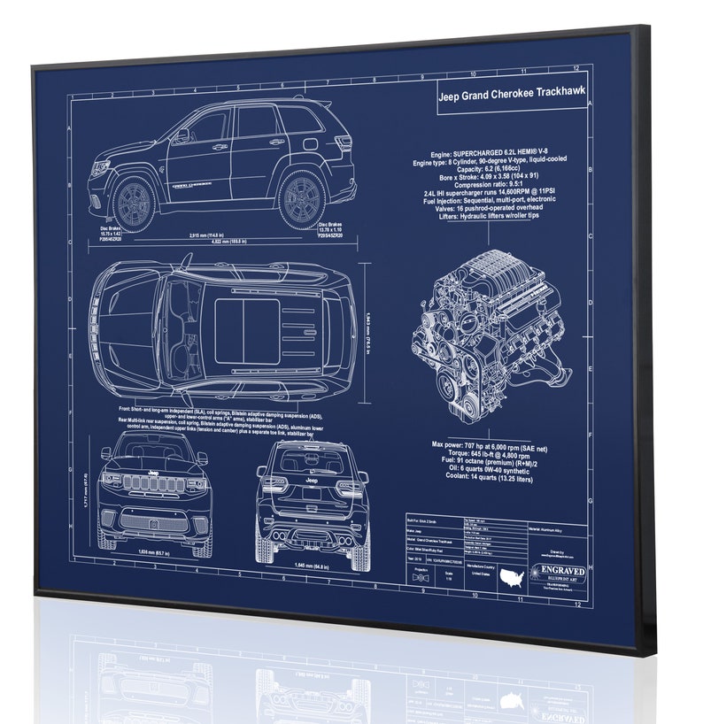 Jeep Grand Cherokee Trackhawk Laser Engraved Wall Art. Jeep blueprints, best auto gifts Ultimate decor for the garage or office image 3